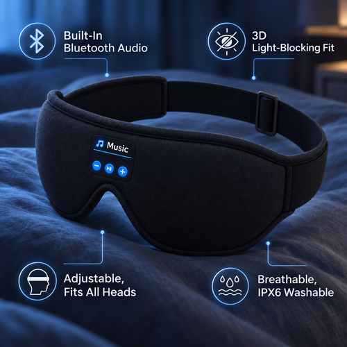 Black wireless sleep mask with built-in Bluetooth audio controls, shown on a blue bed with feature callout icons and text around it.