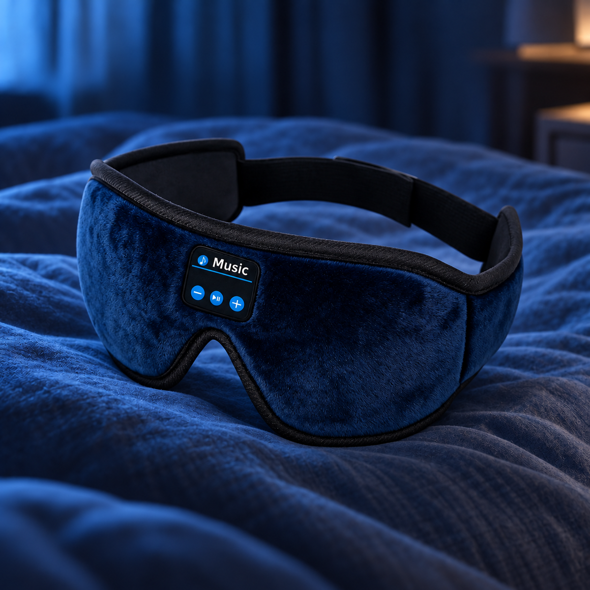 A blue velvet sleep mask with a black adjustable strap and a small control panel labeled 'Music' on the forehead, resting on a blue textured blanket.