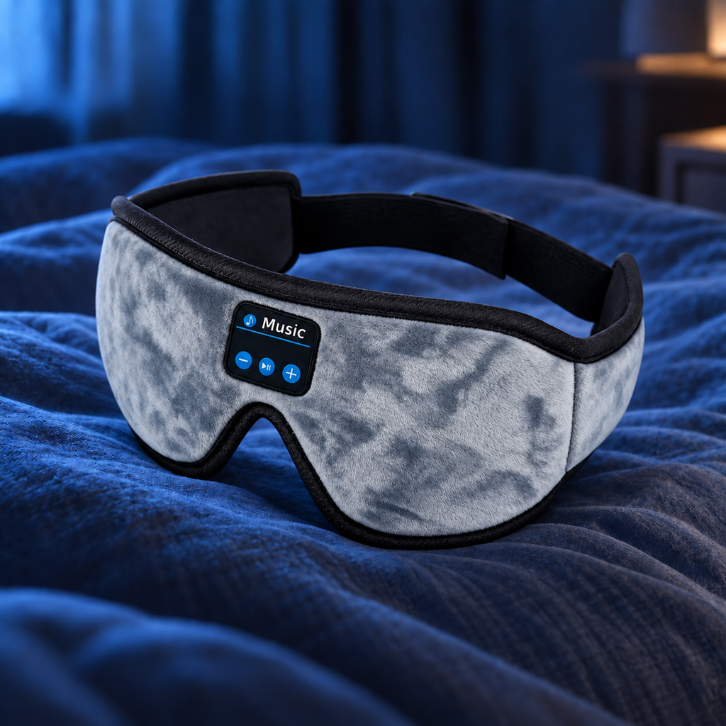 A gray and black plush sleep mask with a built-in music control panel, resting on a blue textured blanket in a dimly lit bedroom setting.
