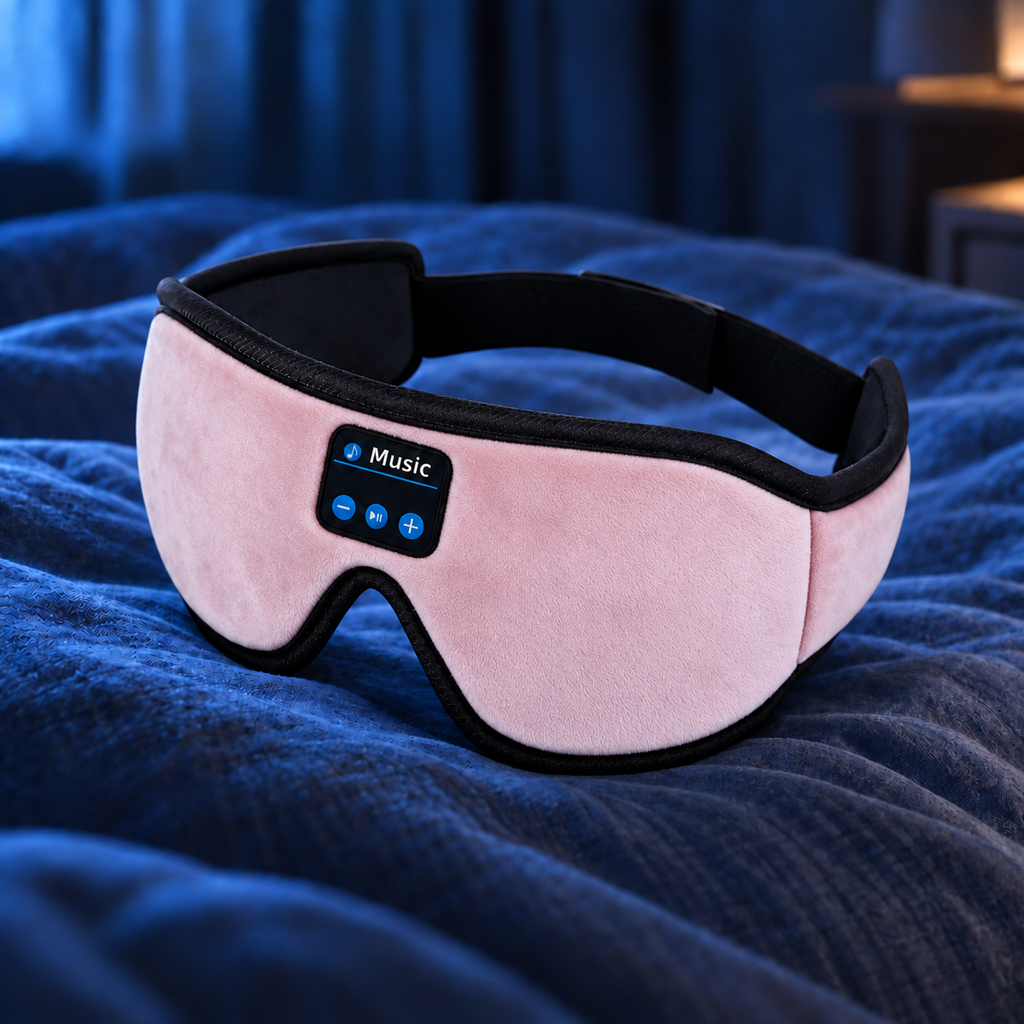 A pink and black electronic sleep mask resting on a textured blue blanket, with a softly blurred bedroom background.